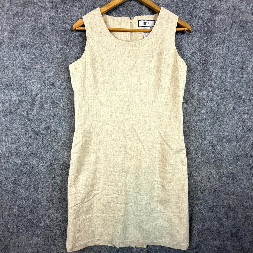 Bice Linen Sheath Dress Womens 10 Beige Sleeveless Summery Office Neutral Modest